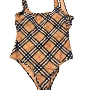 Burberry Plaid One-Piece Swimsuit - Tan, Black, and Orange